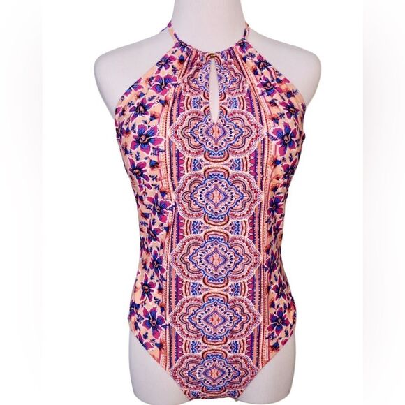 BOGOF Tahiti Peach Medallion Floral Halter Padded 1Pc Swimsuit sz MEDIUM (8-10) - Picture 1 of 10
